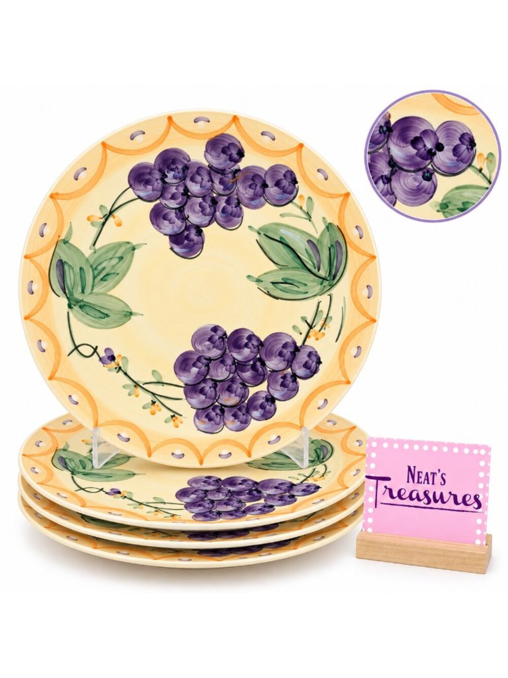 Gibson VENTIAN Purple Grapes Flowers Leaves Aches Stoneware Dinner Plates Set 4